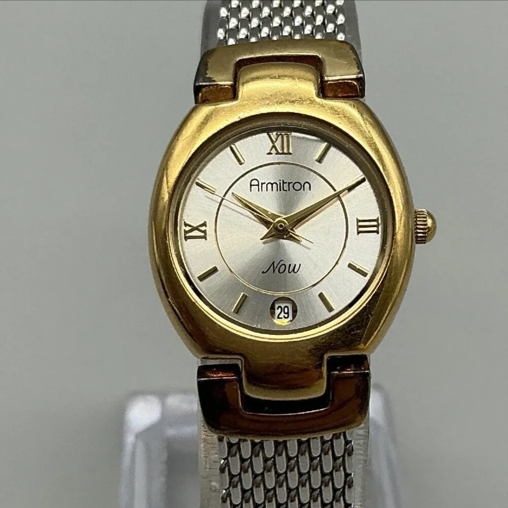 Armitron Now Womens Watch 22mm Silver Two Tone Mesh Date Box New Battery 6.75